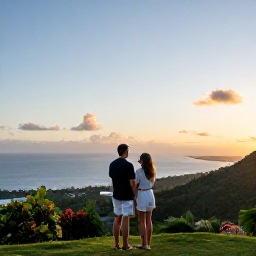 Caribbean Holidays, Haiti Honeymoon, Romantic Haitian hillside viewpoint overlooking the Caribbean coast at sunset, couple enjoying the view