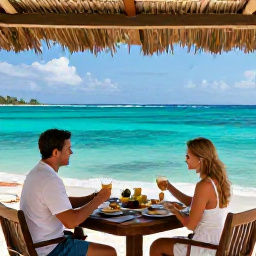 Caribbean Holidays, Haiti Honeymoons, A couple enjoying breakfast on a shaded terrace overlooking a turquoise Haitian bay in December