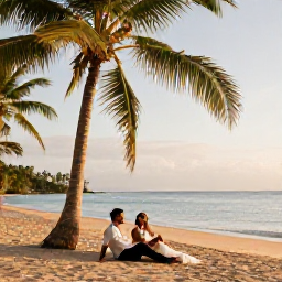 Caribbean Holidays, Haiti Honeymoons, A newlywed couple relaxing beside a quiet tropical beach in Haiti in August, with palm trees, warm sea and soft morning light