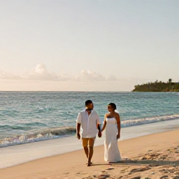 Caribbean Holidays, Haiti Honeymoons, A newlywed couple walking hand in hand along a quiet Caribbean beach in Haiti at sunset, warm September light and calm turquoise water