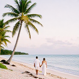 Caribbean Holidays, Haiti Honeymoons, A newlywed couple walking hand in hand along a quiet tropical beach in Haiti at golden hour, palm trees and calm turquoise sea