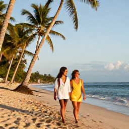 Caribbean Holidays, Haiti Honeymoons, A relaxed honeymoon couple walking beside a palm-fringed Caribbean beach in Haiti during warm December sunshine