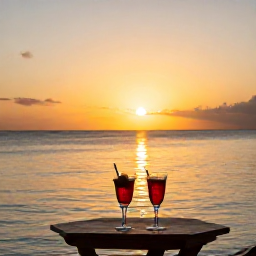 Caribbean Holidays, Haiti Honeymoons, A romantic Haitian sunset over calm Caribbean water with two glasses on a small table in the foreground