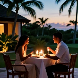 Caribbean Holidays, Haiti Honeymoons, A romantic outdoor dinner for two at a Haitian hotel, with candlelight, tropical foliage and a warm evening sky