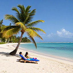 Caribbean Holidays, Haiti Honeymoons, A secluded sandy cove in Haiti with clear blue water, sun loungers and a couple relaxing beneath a palm tree