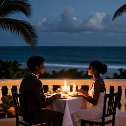 Caribbean Holidays, Haiti Honeymoons, An intimate hotel terrace in Haiti with a candlelit dinner for two overlooking the Caribbean Sea