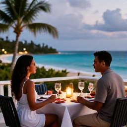 Caribbean Holidays, Haiti Honeymoons, Couple enjoying a romantic candlelit dinner on a Haitian hotel terrace overlooking the Caribbean Sea
