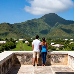 Caribbean Holidays, Haiti Honeymoons, Couple exploring historic Citadelle Laferri&egrave;re in Haiti with green mountains and blue sky