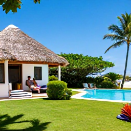 Caribbean Holidays, Haiti Honeymoons, Couple relaxing at a comfortable Haitian seaside hotel, tropical garden, pool and bright November weather