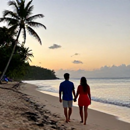 Caribbean Holidays, Haiti Honeymoons, Couple walking hand in hand along a quiet tropical beach in Haiti at sunset
