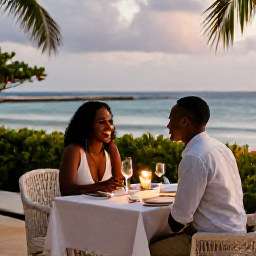 Caribbean Holidays, Haiti Honeymoons, Elegant couple dining outdoors beside the sea in Haiti during a warm February evening
