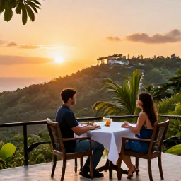 Caribbean Holidays, Haiti Honeymoons, Haitian hillside restaurant terrace at sunset, romantic table for two, tropical hills and warm evening light