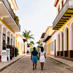 Caribbean Holidays, Haiti Honeymoons, Newlywed couple exploring colourful Jacmel streets with historic architecture, craft shops and tropical light