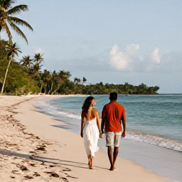 Caribbean Holidays, Haiti Honeymoons, Newlywed couple walking beside a quiet Caribbean beach in Haiti in warm January sunshine