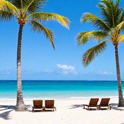 Caribbean Holidays, Haiti Honeymoons, Romantic tropical beach in Haiti with clear turquoise water, palm trees and two sun loungers
