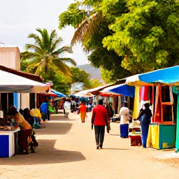 Caribbean Holidays, Haiti in April, A lively Haitian street scene in April with colourful market stalls, local people, tropical trees and warm sunshine