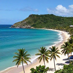 Caribbean Holidays, Haiti in April, A sunny Caribbean coastal landscape in Haiti in April, with turquoise water, sandy beach, palm trees and green hills in the distance