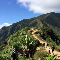 Caribbean Holidays, Haiti in April, Travellers hiking through lush Haitian mountain scenery in April, with tropical plants, forested slopes and a bright blue sky