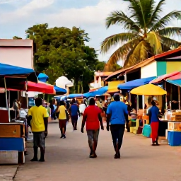 Caribbean Holidays, Haiti in August, A lively Haitian street scene in August, with colourful market stalls, local people, tropical greenery and warm afternoon light