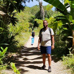 Caribbean Holidays, Haiti in February, A friendly traveller preparing for a guided Haiti nature walk with water, sun protection and a local guide near a tropical trail