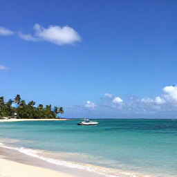 Caribbean Holidays, Haiti in February, A peaceful turquoise bay in Haiti with a small boat, palm-fringed shore and bright blue sky