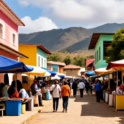 Caribbean Holidays, Haiti in February, Backpackers exploring a colourful Haitian street market in warm February sunshine, with local stalls, painted buildings and mountain scenery