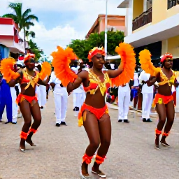 Caribbean Holidays, Haiti in February, Colourful Haitian Carnival performers dancing in a lively street with musicians, bright costumes and welcoming crowds