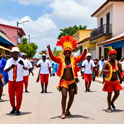 Caribbean Holidays, Haiti in February, Colourful Haitian Carnival procession in February with musicians, dancers and elaborate costumes moving through a lively town street