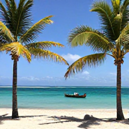 Caribbean Holidays, Haiti in February, Haitian beach with turquoise water, palm trees and a small fishing boat under bright February skies