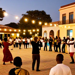 Caribbean Holidays, Haiti in February, Haitian cultural festival at dusk with musicians, dancers and visitors gathered in a lively town square beneath warm lights