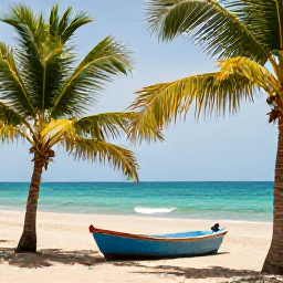 Caribbean Holidays, Haiti in February, Quiet Haitian beach near Jacmel with turquoise water, palm trees and a small fishing boat in warm February sunshine