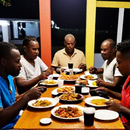 Caribbean Holidays, Haiti in February, Travellers sharing a friendly meal at a small Haitian restaurant in the evening, with local dishes and a relaxed atmosphere