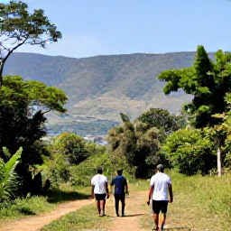 Caribbean Holidays, Haiti in February, Travellers walking through lush Haitian mountains with distant valleys, tropical trees and clear February sunlight