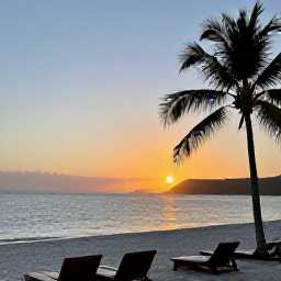 Caribbean Holidays, Haiti in January, A peaceful Haitian coastline at sunset, with calm Caribbean water, palm trees and comfortable resort seating for an evening holiday scene