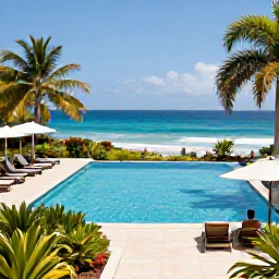 Caribbean Holidays, Haiti in January, Travellers relaxing beside a beautiful Haitian resort pool overlooking the Caribbean Sea, with tropical gardens and bright January sunshine
