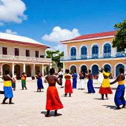 Caribbean Holidays, Haiti in June, Colourful Haitian cultural festival in a lively town square during June, with musicians, dancers and local families