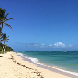 Caribbean Holidays, Haiti in June, Quiet Haitian coastline with turquoise sea, sandy beach, palm trees and a small fishing boat on a sunny June day