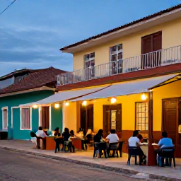 Caribbean Holidays, Haiti in March, A friendly outdoor caf&eacute; in Jacmel, Haiti, with local food, colourful buildings and visitors enjoying a warm March evening