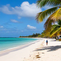 Caribbean Holidays, Haiti in March, A quiet tropical Haitian beach with turquoise water, palm trees and a traveller walking along the sand in March