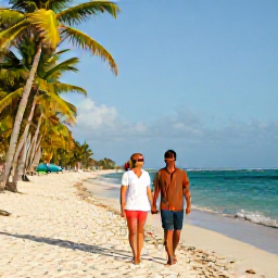 Caribbean Holidays, Haiti in March, A relaxed couple walking along a beautiful Haitian beach in warm March sunshine, turquoise sea and palm trees