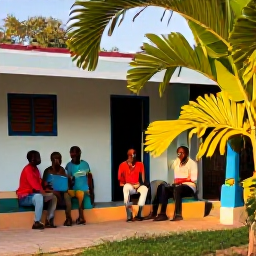 Caribbean Holidays, Haiti in March, Friendly backpackers planning a Haiti journey in a simple guesthouse courtyard, tropical plants and warm March light
