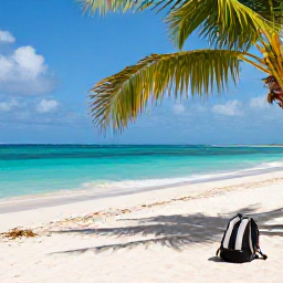 Caribbean Holidays, Haiti in March, Peaceful Caribbean beach near Haiti with turquoise water, palms and a backpack resting on the sand in March sunshine
