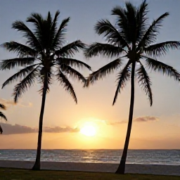 Caribbean Holidays, Haiti in March, Romantic Haitian coastal landscape at sunset, palm trees, warm golden light and a peaceful Caribbean sea