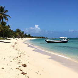 Caribbean Holidays, Haiti in May, A relaxed Haitian coastal scene with a sandy beach, calm Caribbean water, fishing boats and palms