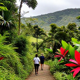 Caribbean Holidays, Haiti in May, Visitors hiking along a lush mountain trail in Haiti, with tropical plants and distant hills