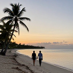 Caribbean Holidays, Haiti in November, A couple walking hand in hand along a quiet Haitian beach at sunset, with palm trees and calm Caribbean water