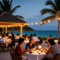 Caribbean Holidays, Haiti in November, A relaxed evening at a Haitian all-inclusive resort, with guests dining outdoors beneath warm lights beside the Caribbean sea