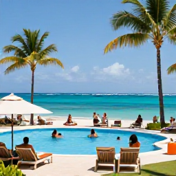 Caribbean Holidays, Haiti in November, A welcoming all-inclusive beach resort in Haiti in November, with palm trees, a turquoise sea and guests relaxing beside a swimming pool