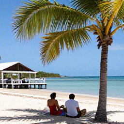 Caribbean Holidays, Haiti in November, Couple relaxing on a peaceful Haitian beach with turquoise Caribbean water, shaded palms and a simple beachfront restaurant