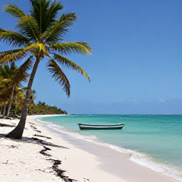 Caribbean Holidays, Haiti in November, Quiet Haitian beach with warm turquoise water, palm trees and a small fishing boat in November sunshine